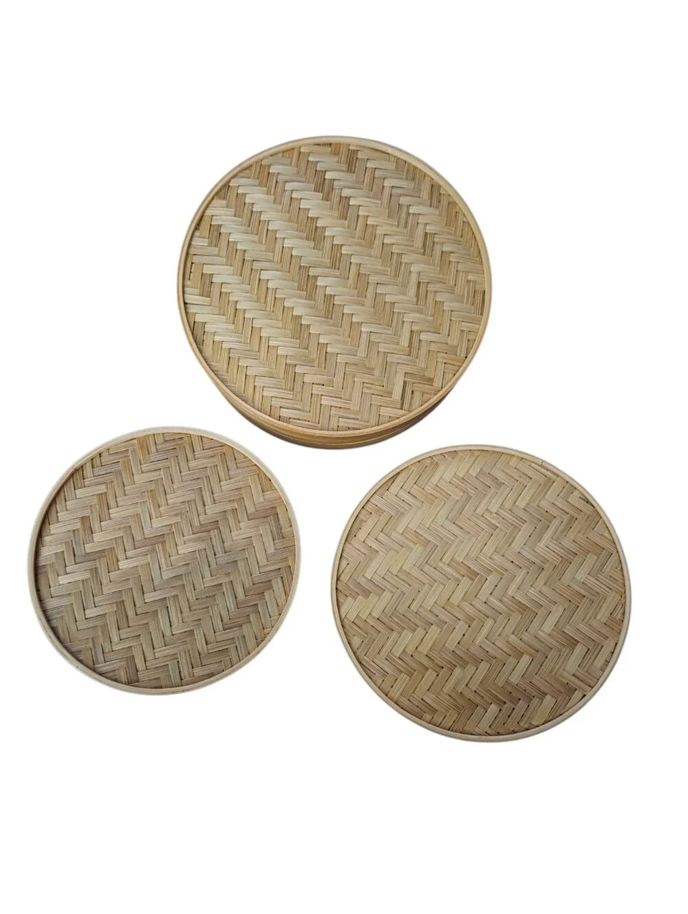 Set of 3 Vintage Hand Woven Bamboo Containers/Baskets with Lid in Natural Finish